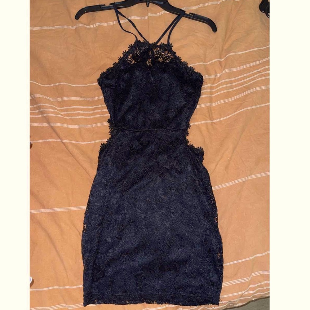 open back mini dress black lace fabric